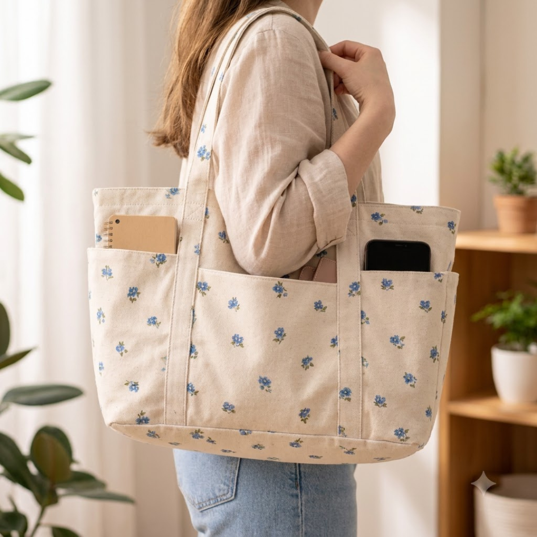 Tote Bag Sewing Pattern, Multi Pocket Canvas Shopper Tutorial