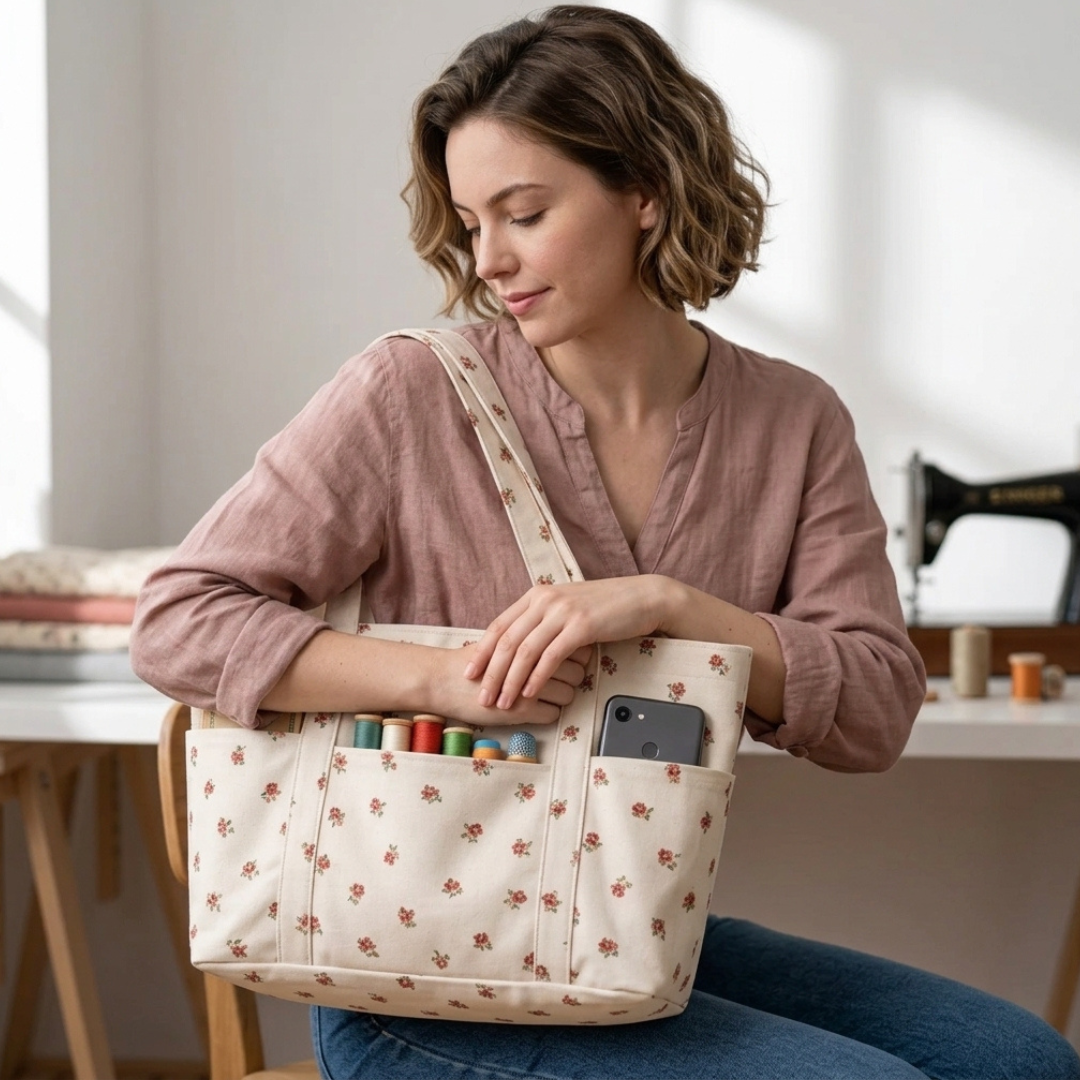 Tote Bag Sewing Pattern, Multi Pocket Canvas Shopper Bag