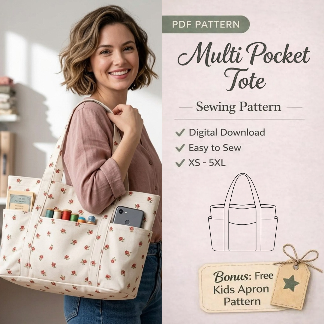 Tote Bag Sewing Pattern, Multi Pocket Canvas Shopper Bag